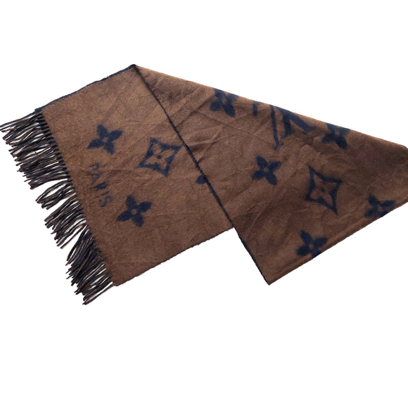 LOUIS VUITTON LV Reykjavik Brown-on-Black Reversible Cashmere Scarf Pre-owned - Picture 4 of 9